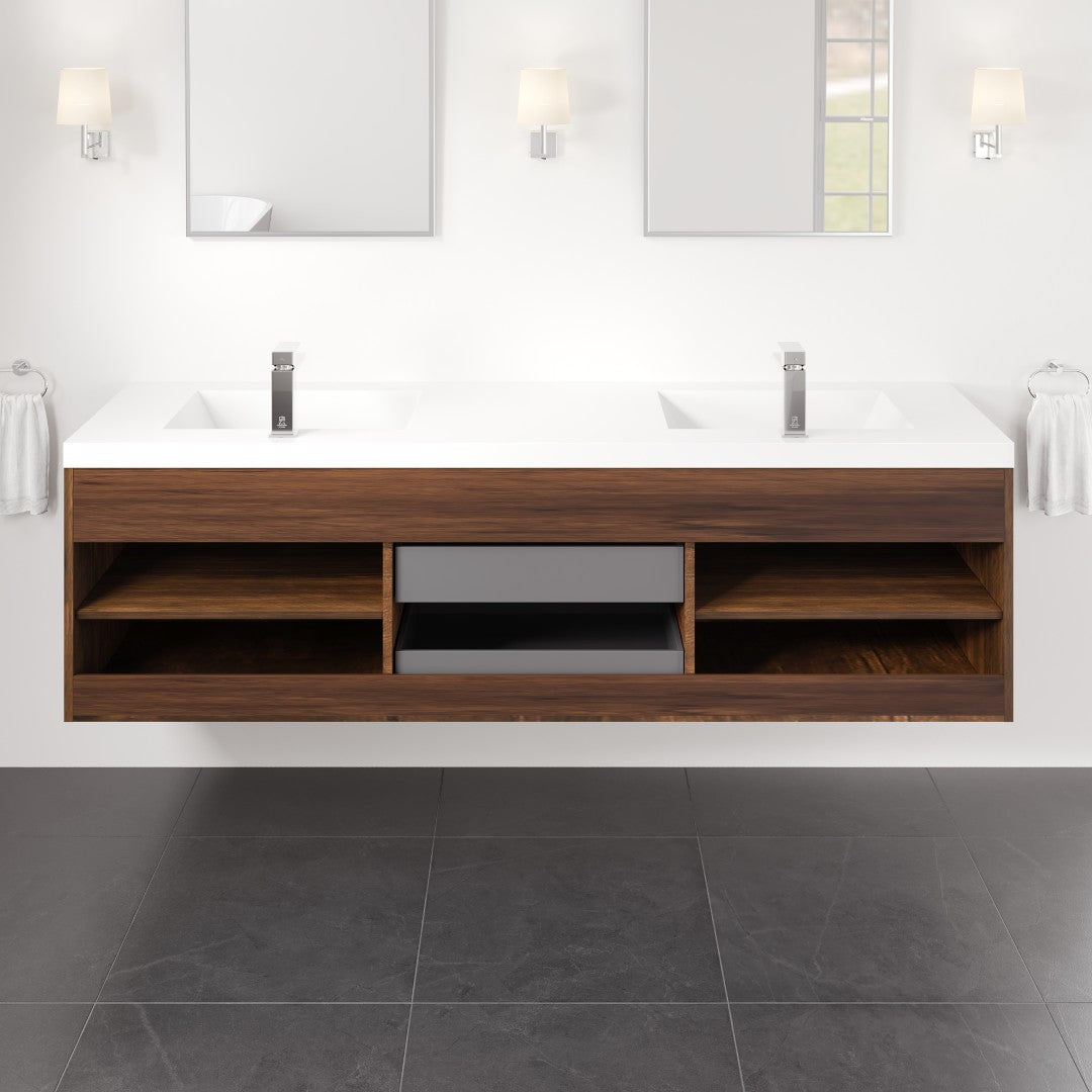 Lugano 72 in. Rosewood Wall Mount Double Sink  Bath Vanity with Acrylic Top and Integrated Sinks