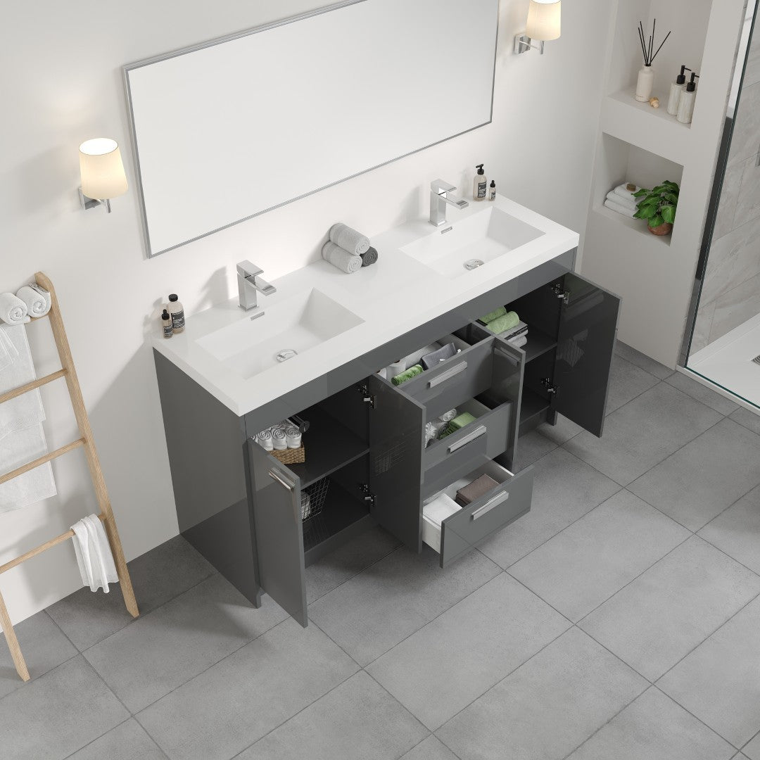 Lugano 60 in. Gray Double Sink  Bath Vanity with Acrylic Top and Integrated Sinks