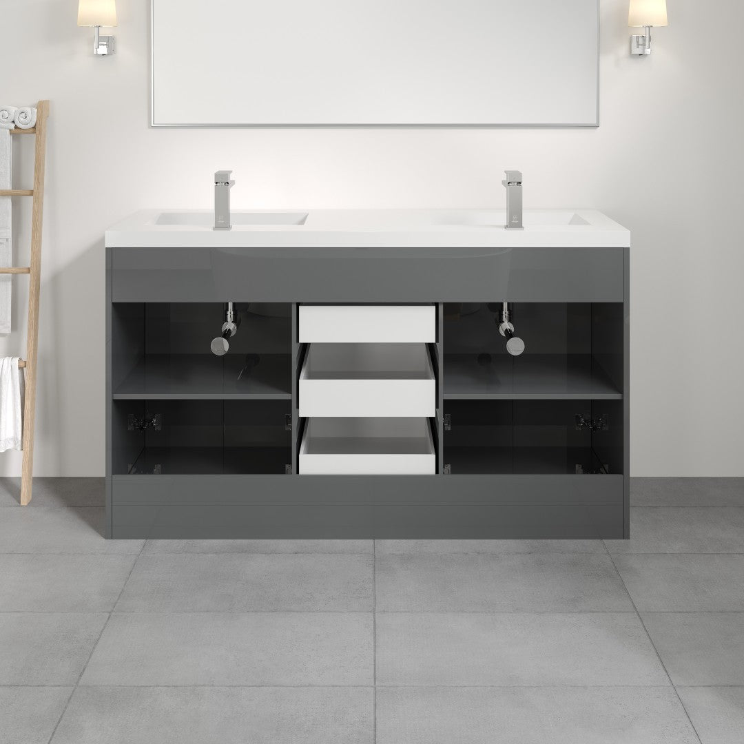 Lugano 60 in. Gray Double Sink  Bath Vanity with Acrylic Top and Integrated Sinks