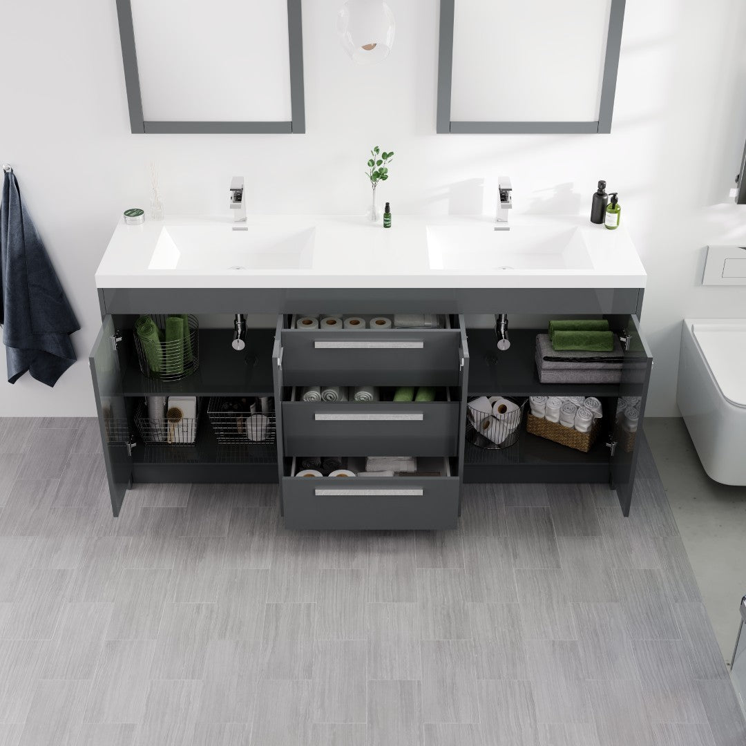 Lugano 72 in. Gray Double Sink  Bath Vanity with Acrylic Top and Integrated Sinks