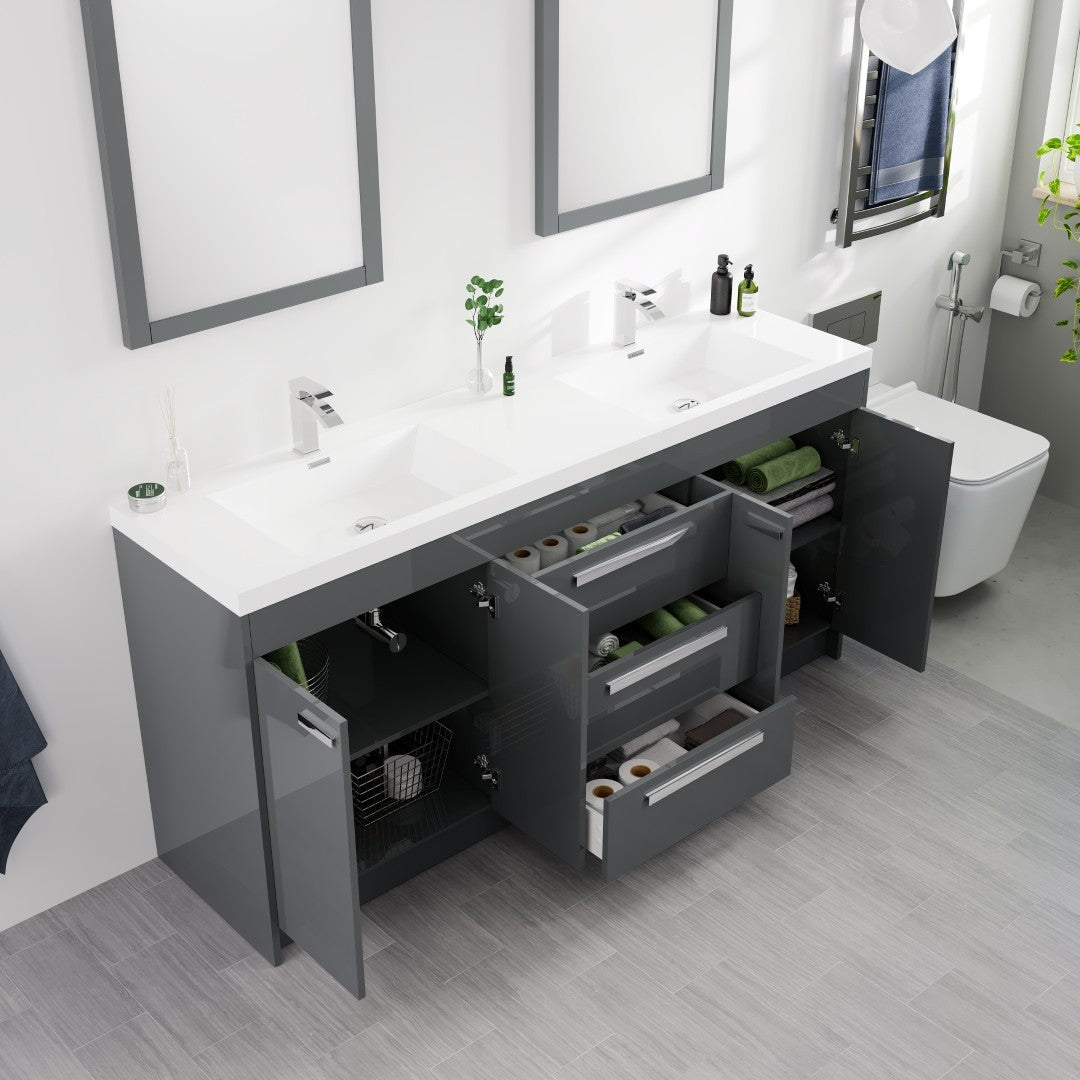 Lugano 72 in. Gray Double Sink  Bath Vanity with Acrylic Top and Integrated Sinks