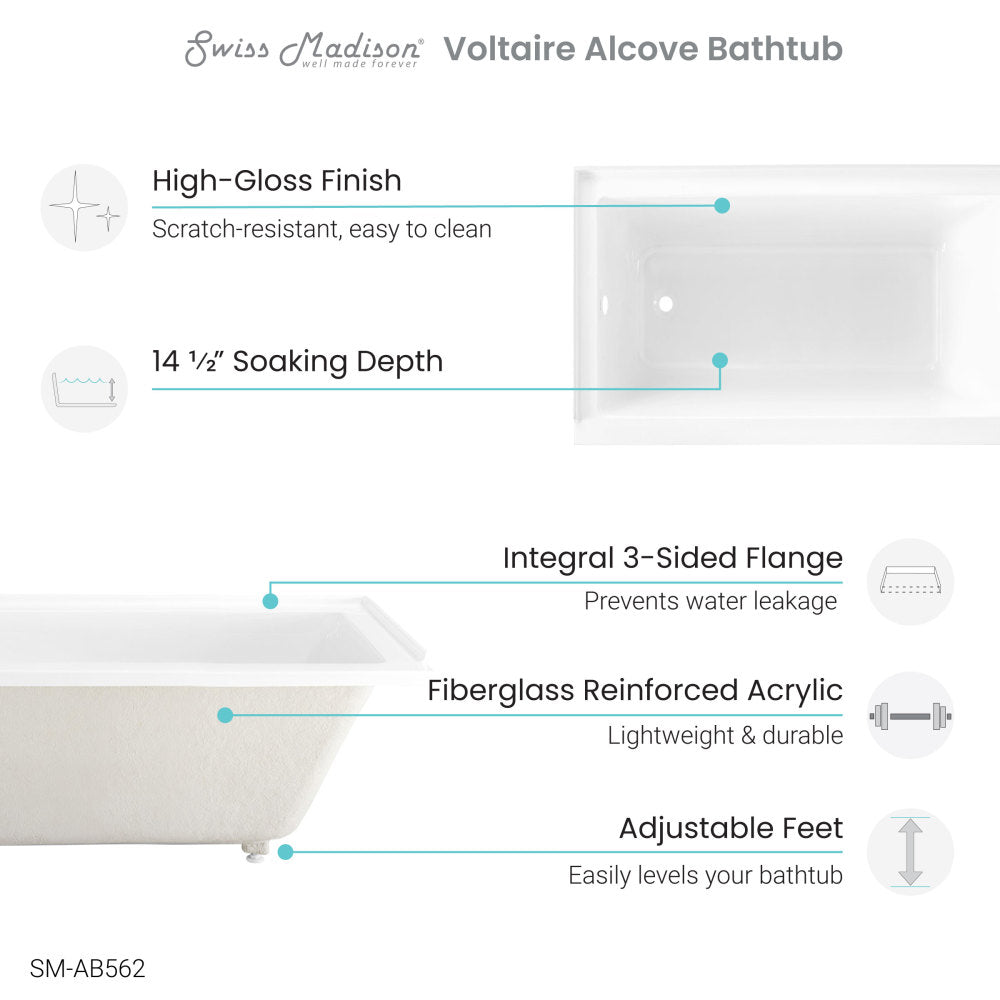 Voltaire 54 in x 30 in Acrylic Glossy White, Alcove, Integral Left-Hand Drain, Bathtub