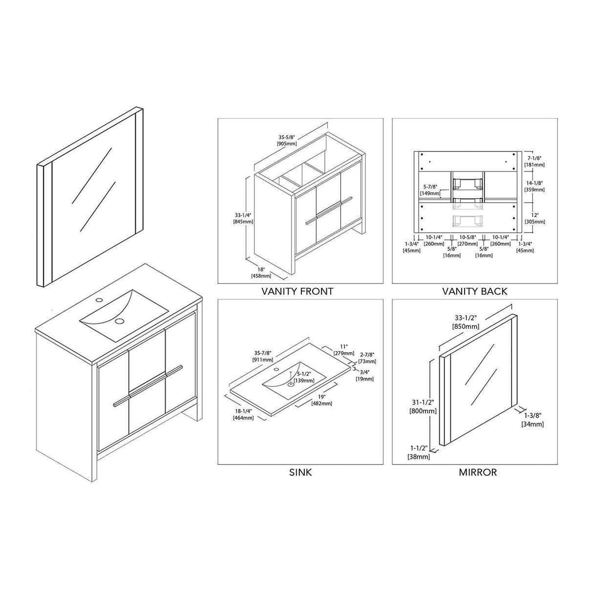 Milan 36" Vanity set, White/Silver Grey, Mirror, Medicine Cabinet
