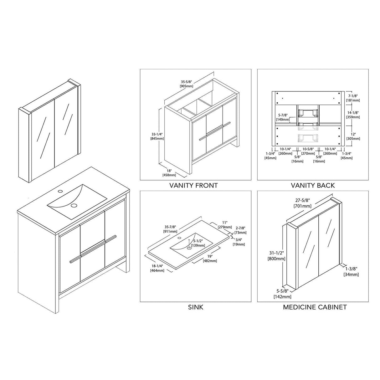 Milan 36" Vanity set, White/Silver Grey, Mirror, Medicine Cabinet