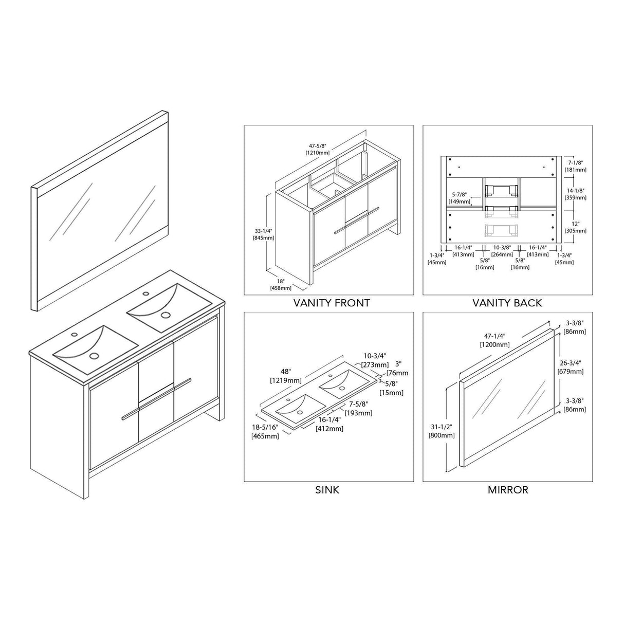 Milan 48" White/Silver Grey Double Vanity Set, Medicine Cabinet