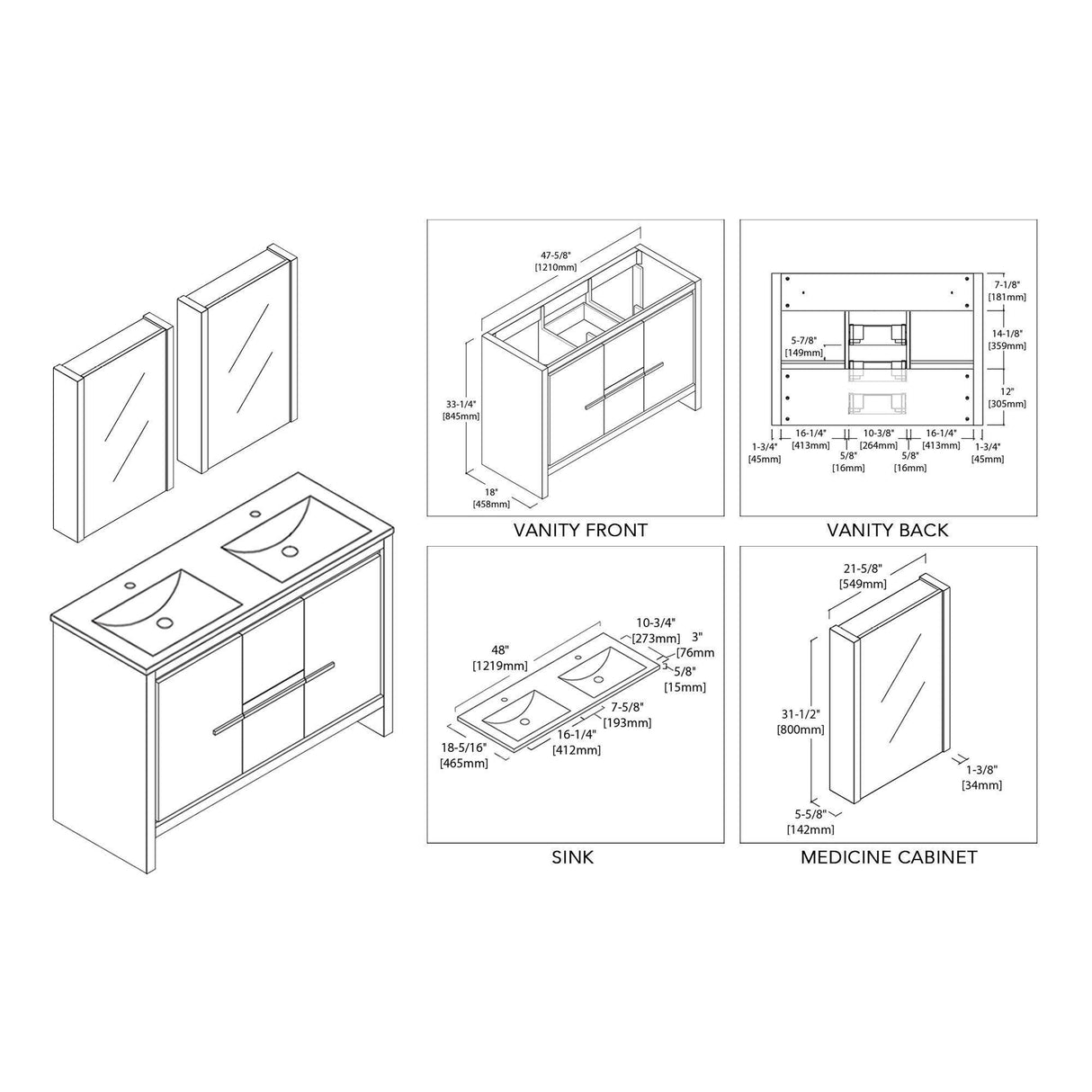 Milan 48" White/Silver Grey Double Vanity Set, Medicine Cabinet