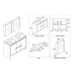 Milan 48" White/Silver Grey Double Vanity Set, Medicine Cabinet