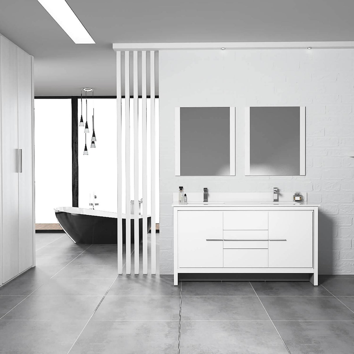 Milan 60" White/Silver Grey Double Vanity Set, Medicine Cabinet
