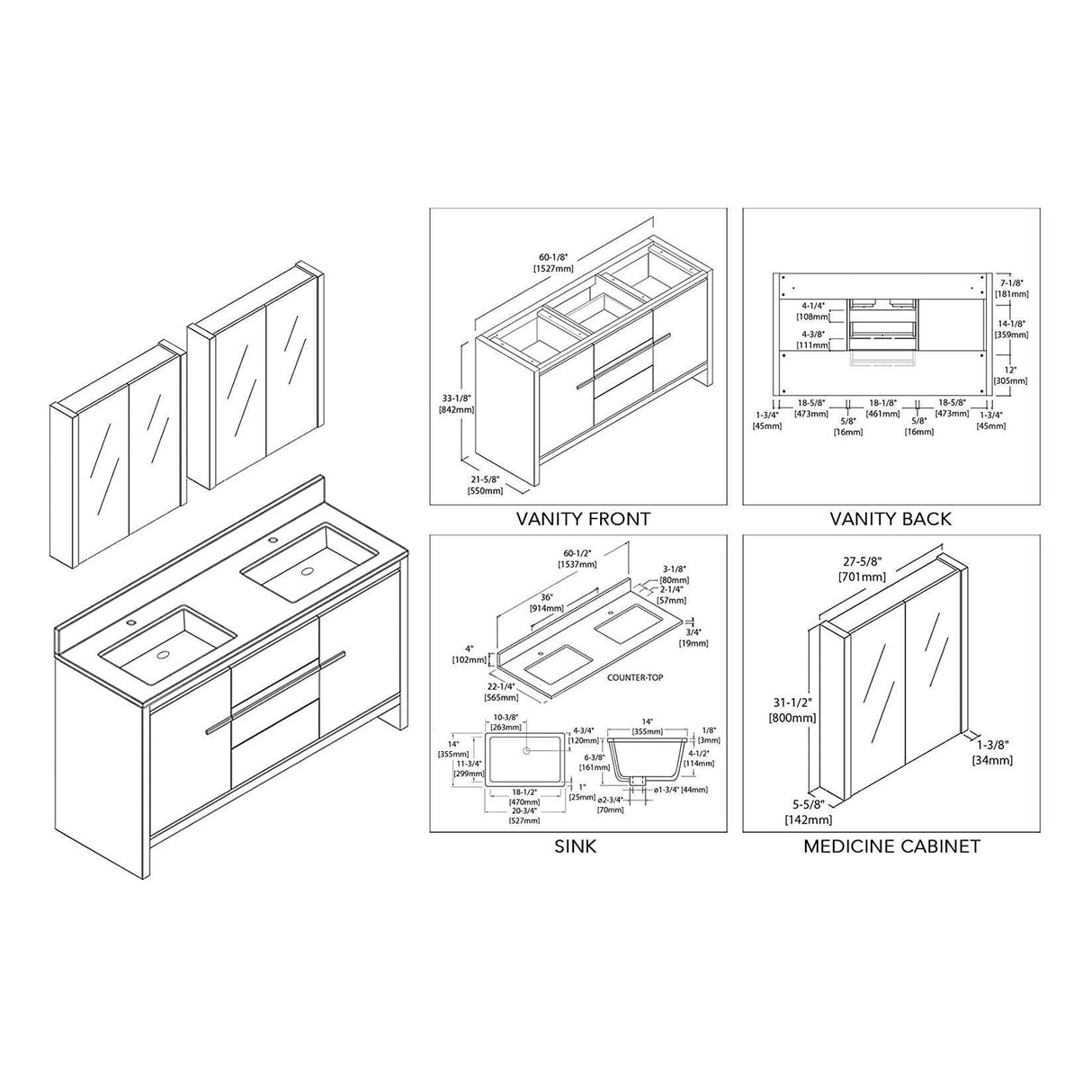Milan 60" White/Silver Grey Double Vanity Set, Medicine Cabinet