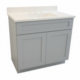 Gray bathroom vanity with white countertop on a white background