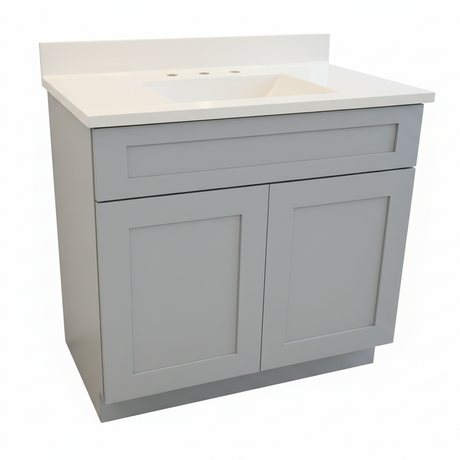 Gray bathroom vanity with white countertop on a white background