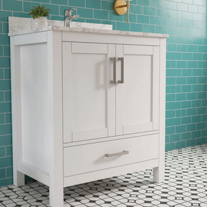 New England Home Goods Meru 30" Single Sink Vanity in White - Engineered Wood; Stone Top