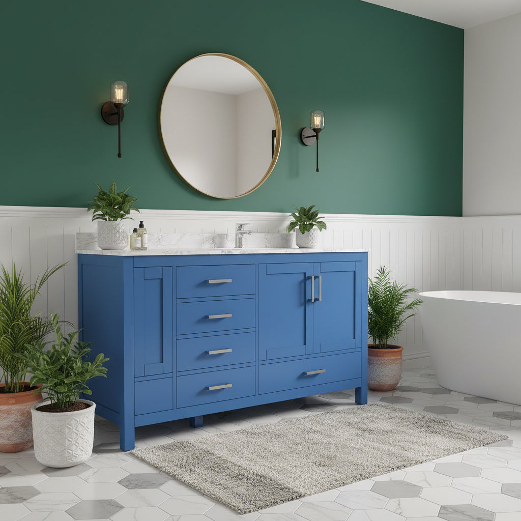 New England Home Goods Outer 84" Double Sink Vanity in White - Engineered Wood; Stone Top