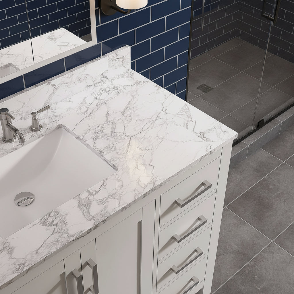 New England Home Goods Pilatus 48" Single Sink Vanity in White - Engineered Wood; Stone Top