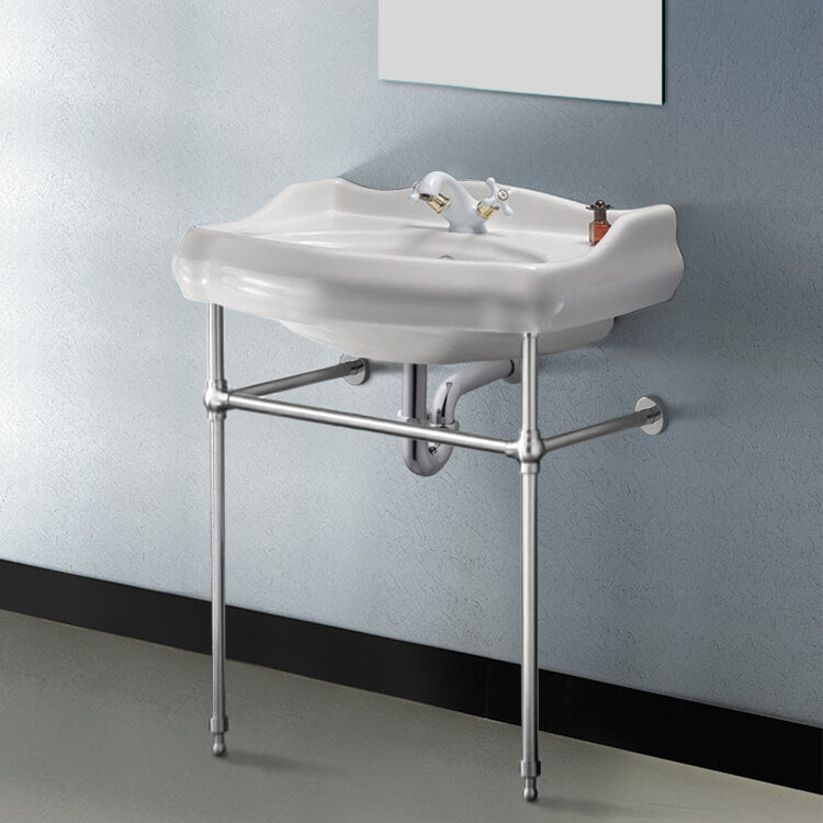 Traditional Ceramic Console Sink With Chrome Stand, 24"