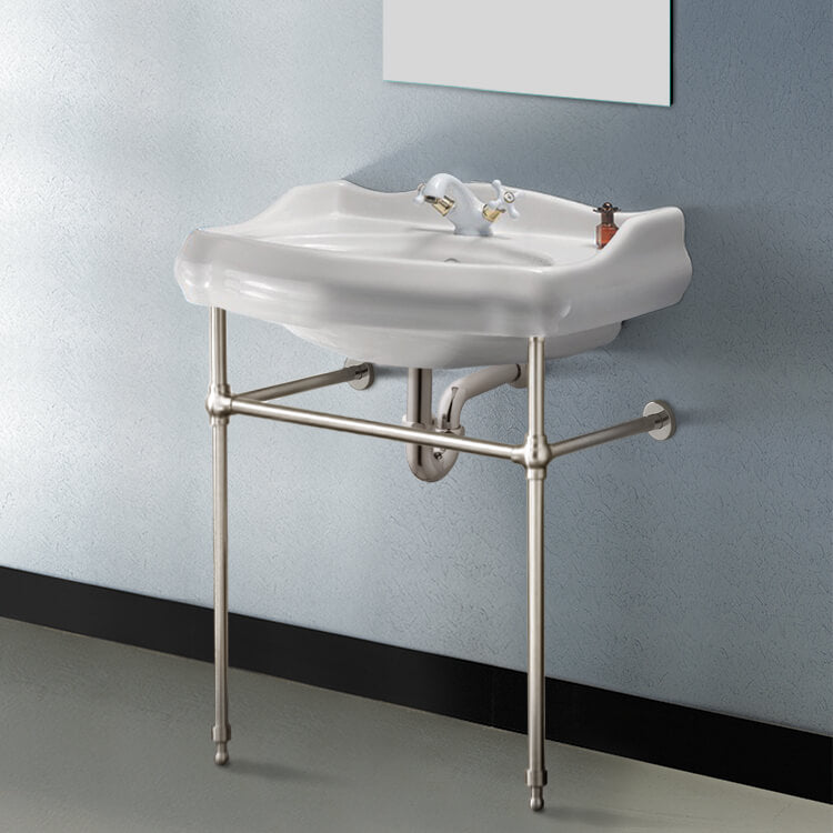 Traditional Ceramic Console Sink With Satin Nickel Stand, 24"