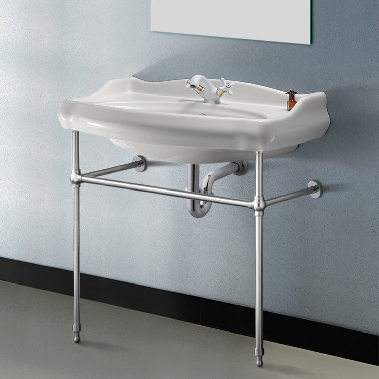 Traditional Ceramic Console Sink With Chrome Stand, 32"