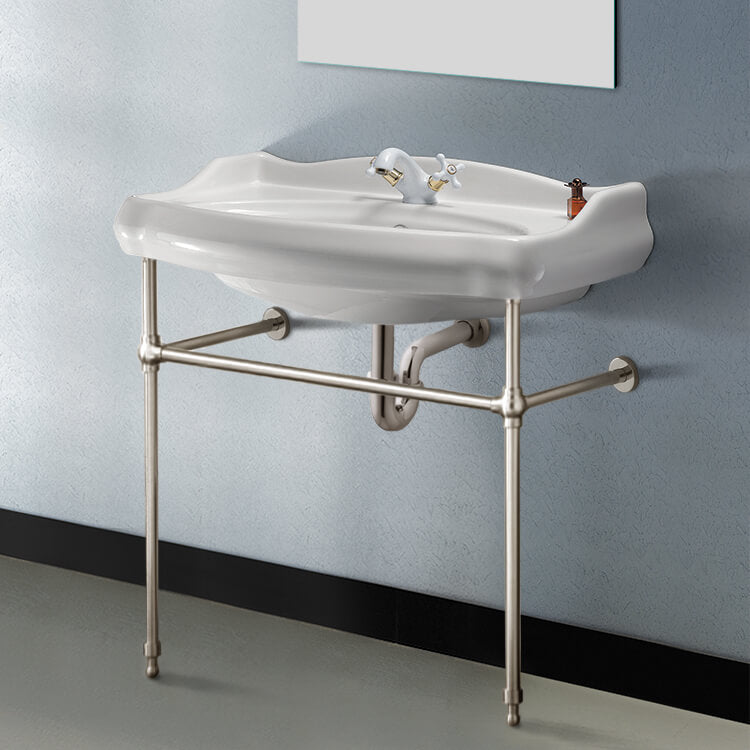 Traditional Ceramic Console Sink With Satin Nickel Stand, 32"