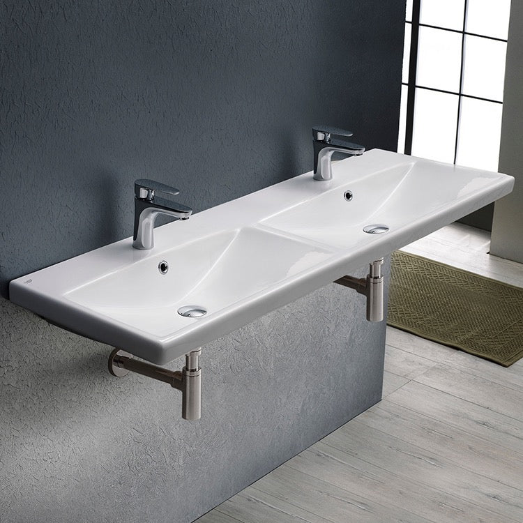 Rectangular Double White Ceramic Wall Mounted or Drop In Sink