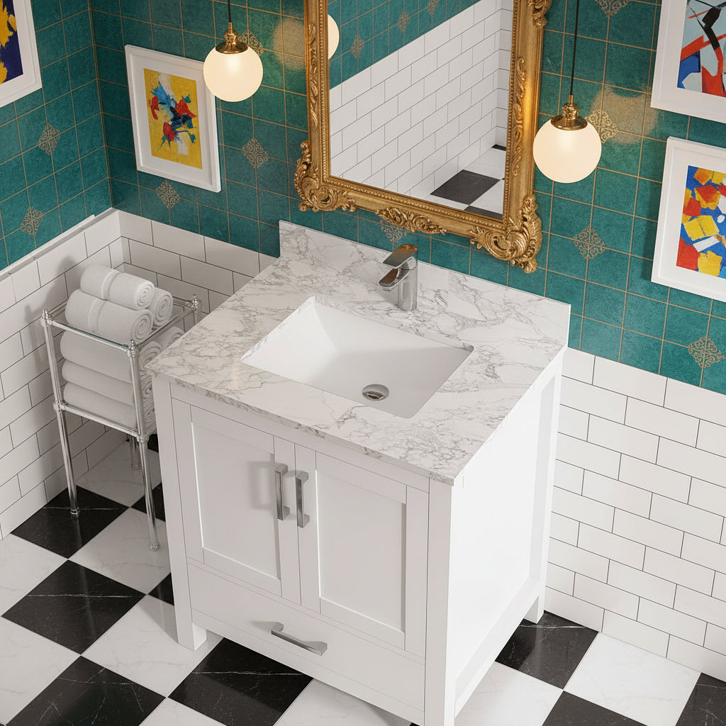 New England Home Goods Meru 30" Single Sink Vanity in White - Engineered Wood; Stone Top