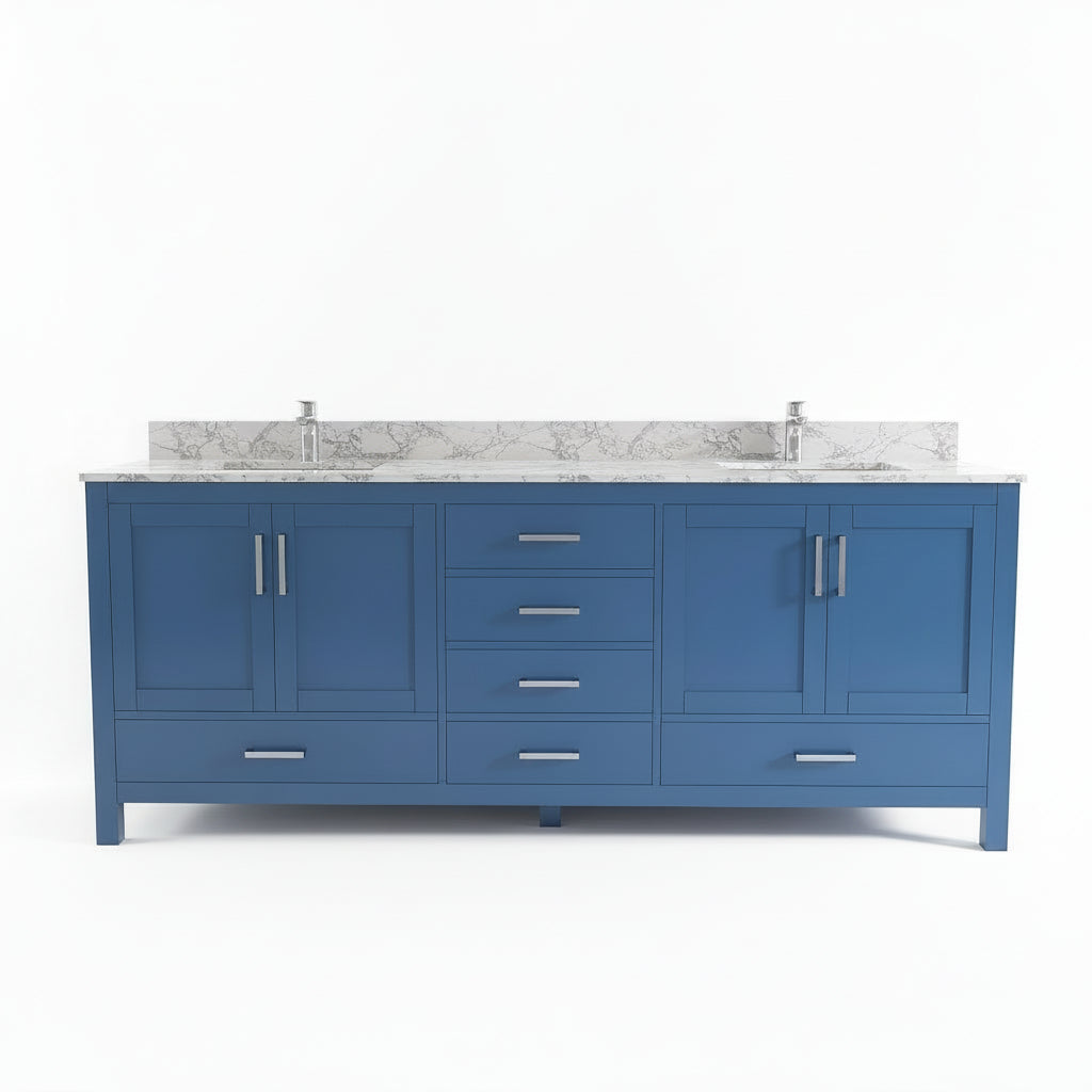 New England Home Goods Outer 84" Double Sink Vanity in White - Engineered Wood; Stone Top