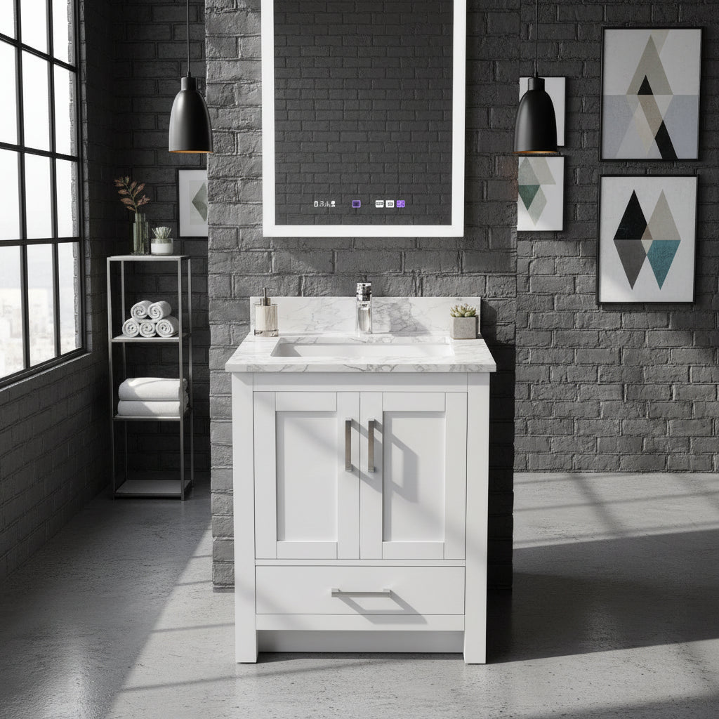 New England Home Goods Rabbit 24" Single Sink Vanity in White - Engineered Wood; Stone Top