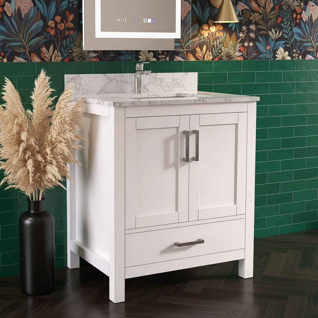 New England Home Goods Meru 30" Single Sink Vanity in White - Engineered Wood; Stone Top
