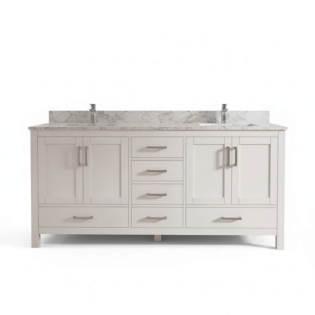 New England Home Goods Table 72" Double Sink Vanity in White - Engineered Wood; Stone Top
