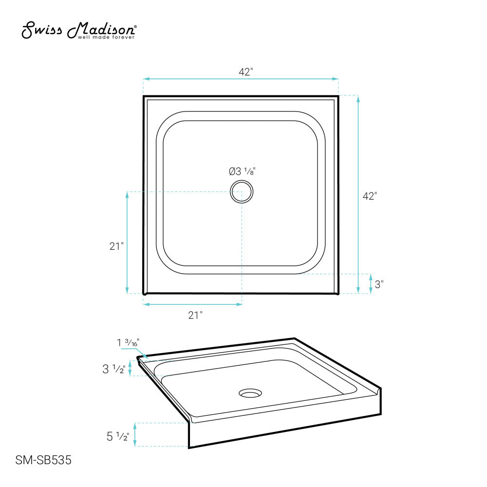 Voltaire 42 x 42 Acrylic White, Single-Threshold, Center Drain, Shower Base