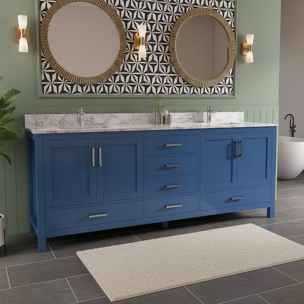 New England Home Goods Outer 84" Double Sink Vanity in White - Engineered Wood; Stone Top