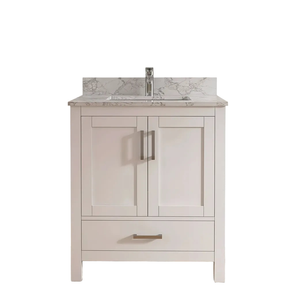 New England Home Goods Meru 30" Single Sink Vanity in White - Engineered Wood; Stone Top