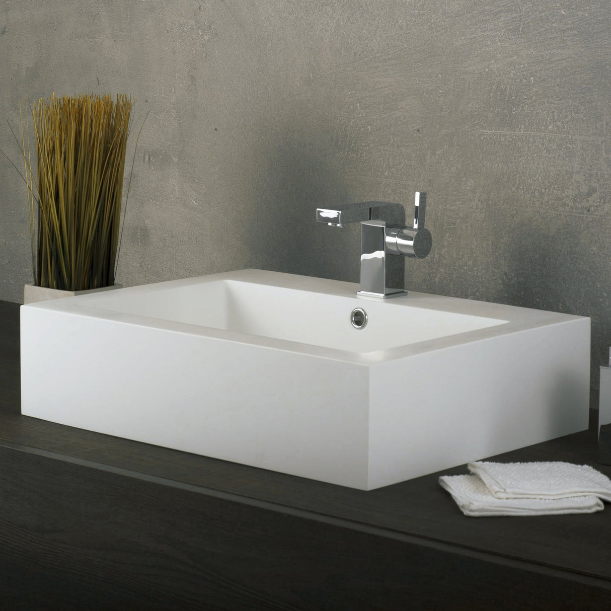 DAX Solid Surface Rectangular Single Bowl Vessel Bathroom Basin, Matte White DAX-AB-032