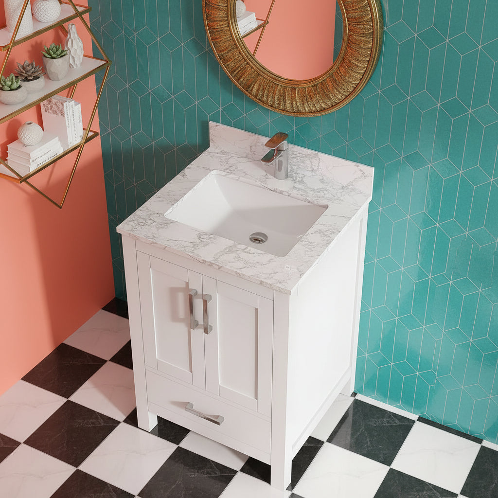 New England Home Goods Rabbit 24" Single Sink Vanity in White - Engineered Wood; Stone Top