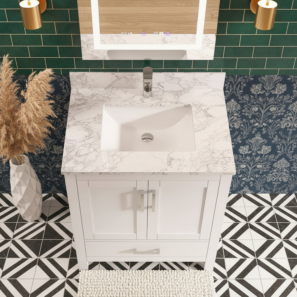 New England Home Goods Meru 30" Single Sink Vanity in White - Engineered Wood; Stone Top