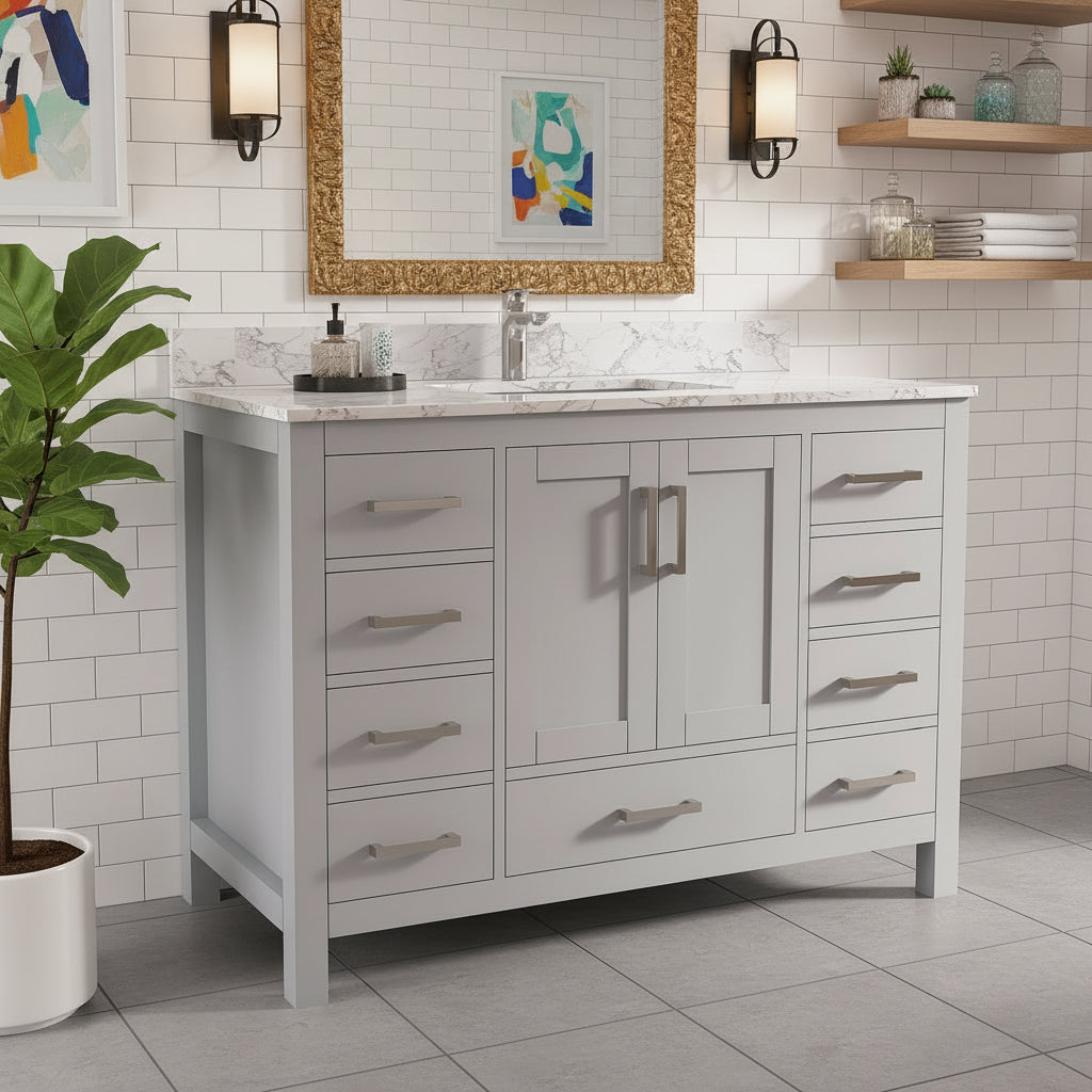 New England Home Goods Pilatus 48" Single Sink Vanity in White - Engineered Wood; Stone Top