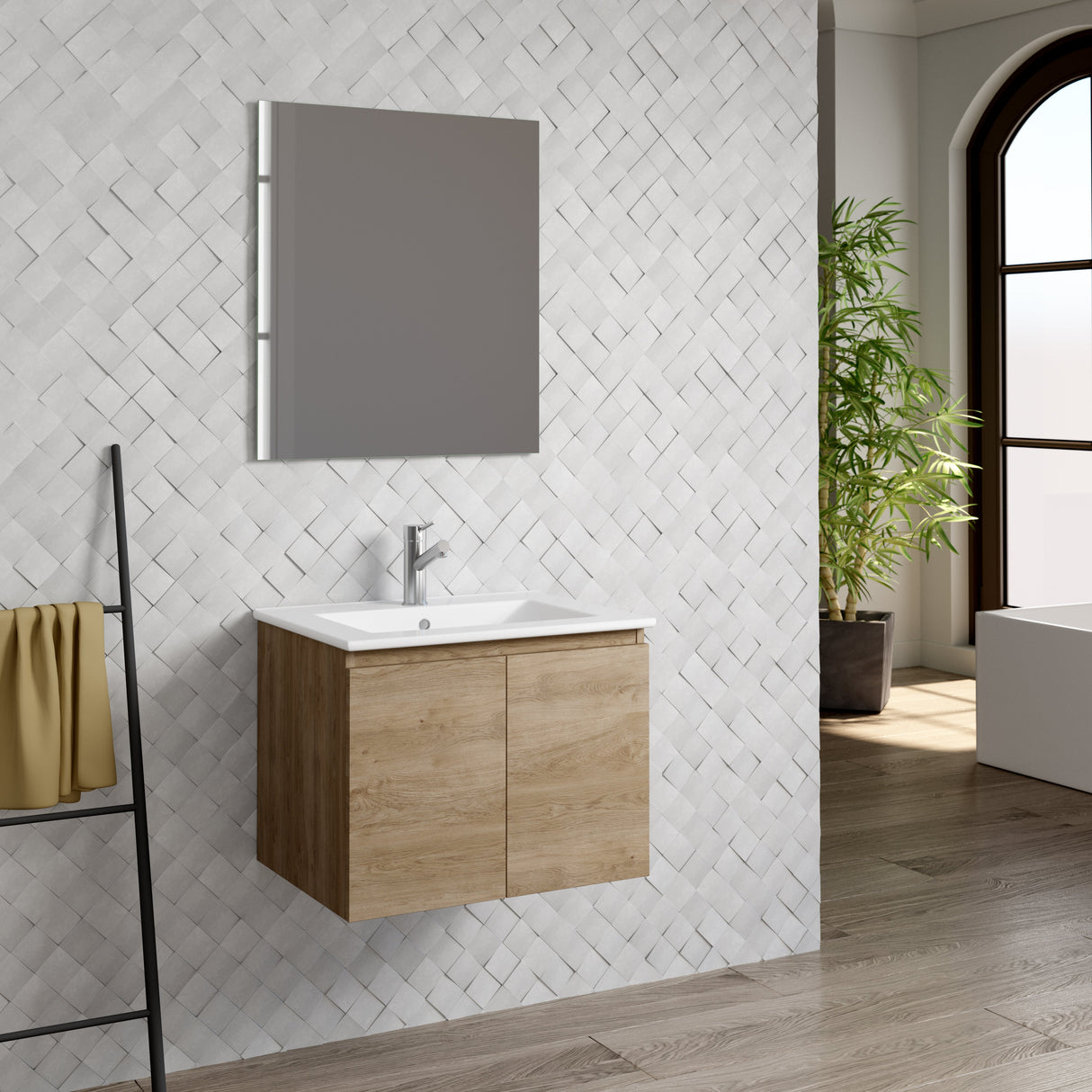 DAX Malibu Engineered Wood and Porcelain Onix Basin with Vanity Cabinet, 24", Oak DAX-MAL012414-ONX