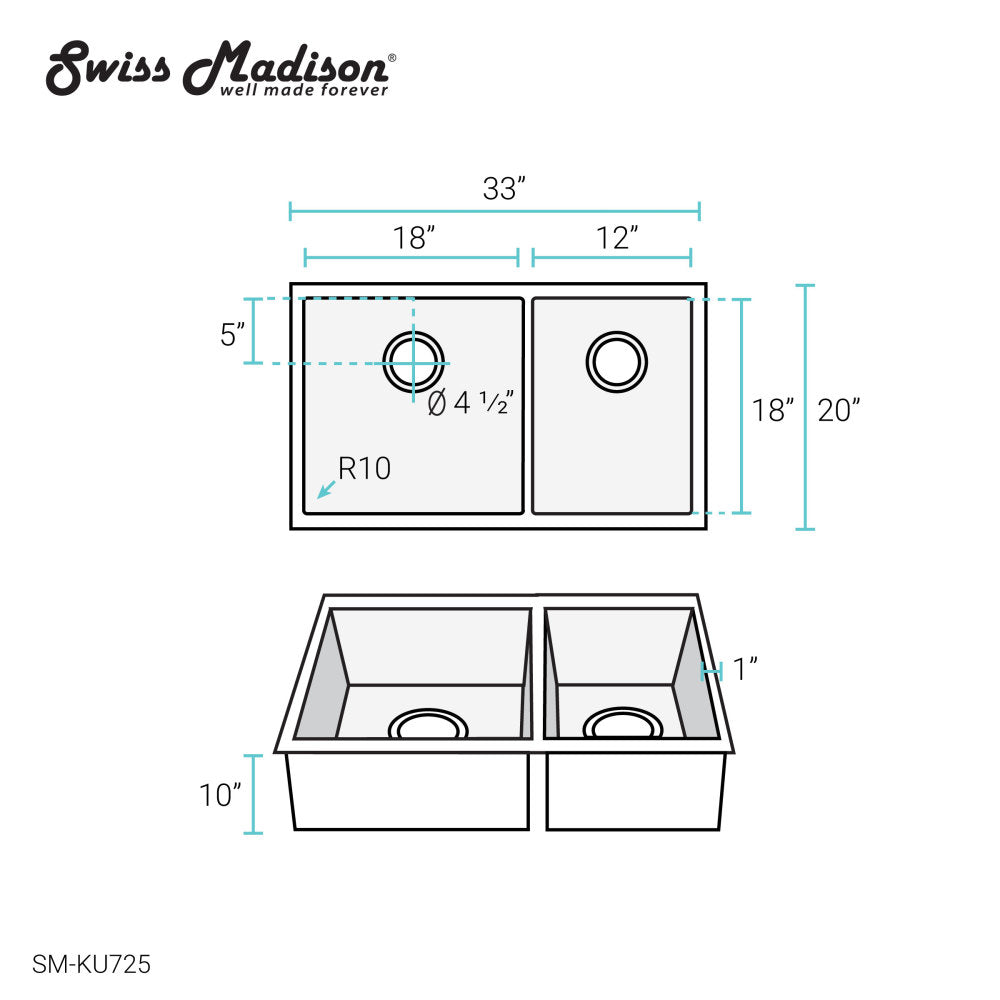 Rivage 33 x 20 Stainless Steel, Dual Basin, Undermount Kitchen Sink