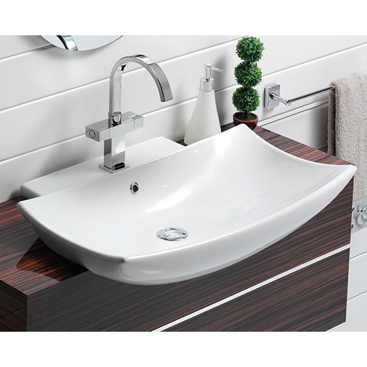 Curved Rectangular White Ceramic Wall Mounted or Semi-Recessed Sink