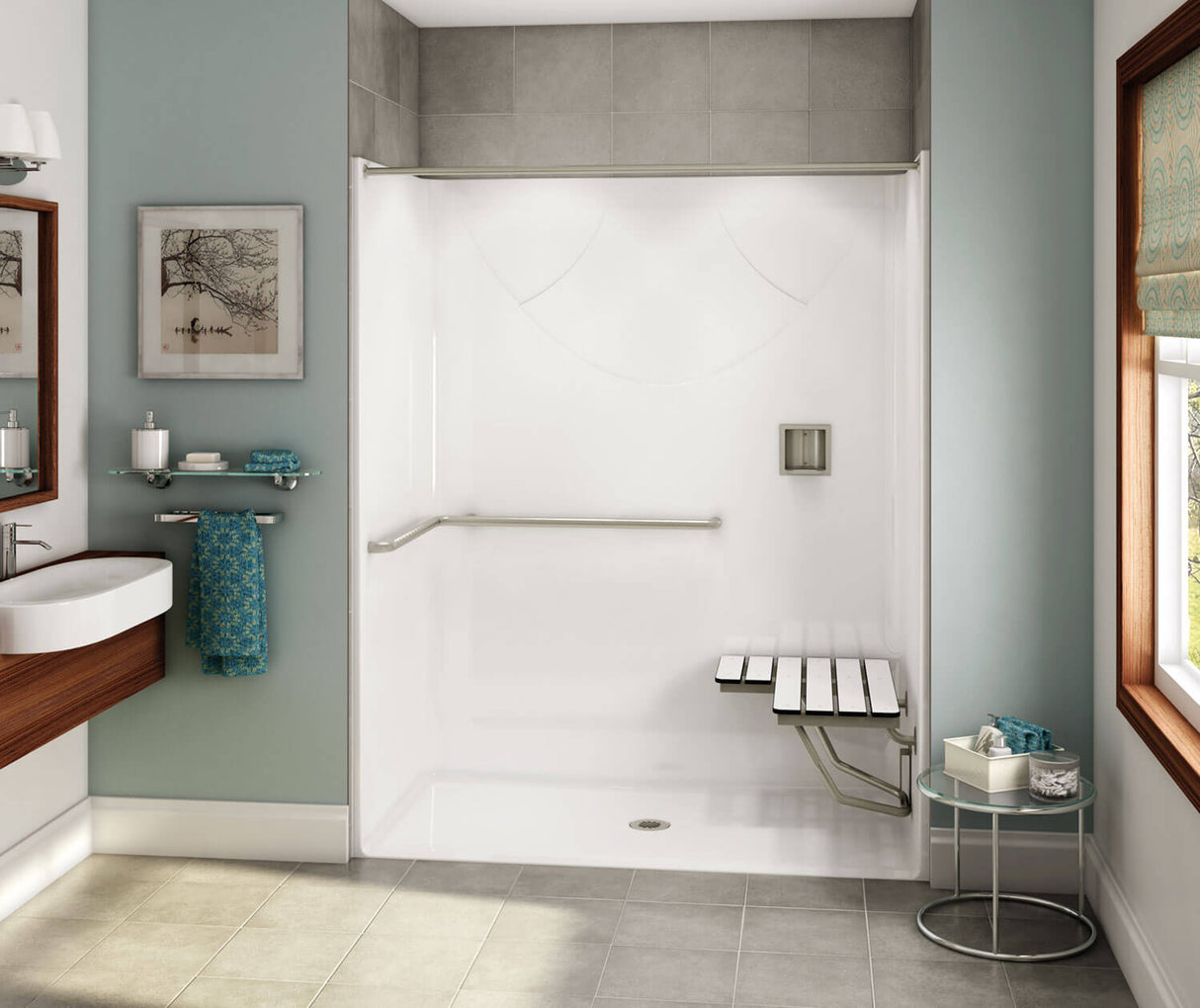 MAAX 106074-000-002-116 OPS-6030-RS - ADA Grab Bar and Seat AcrylX Alcove Center Drain One-Piece Shower in White