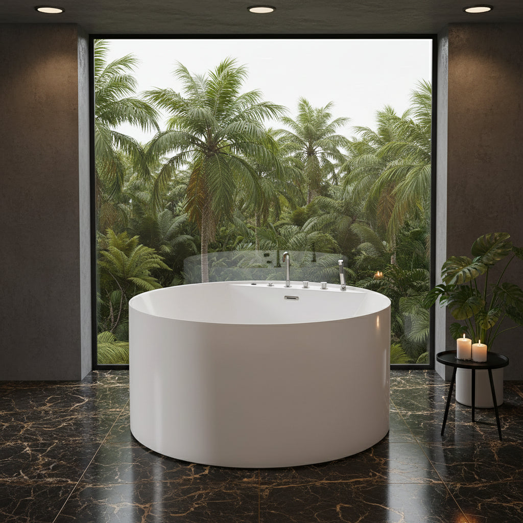 New England Home Goods Poipu 71" Freestanding Tub in White - Stone Resin Solid Surface