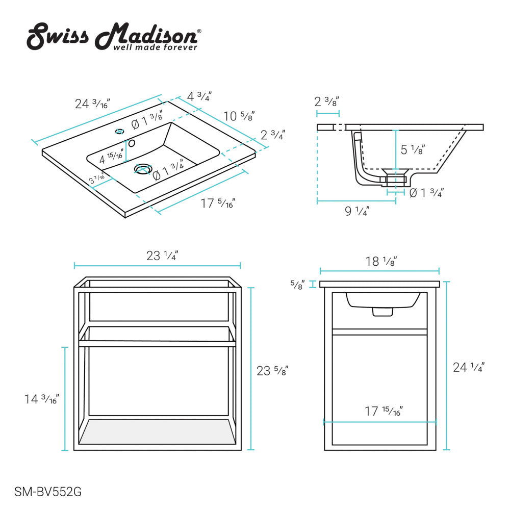 Pierre 24 Single, Open Shelf, Gold Metal Frame Bathroom Vanity