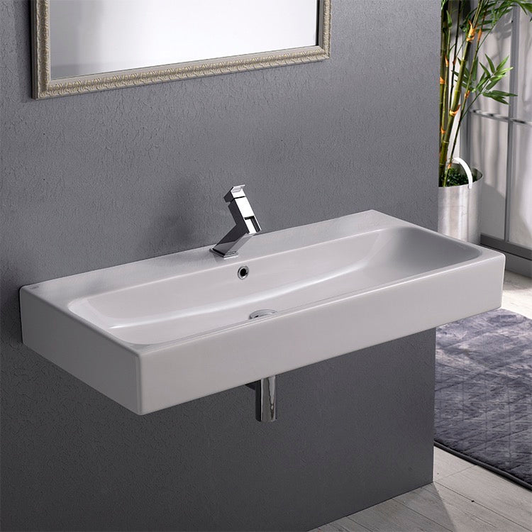 Rectangular White Ceramic Wall Mounted or Vessel Sink