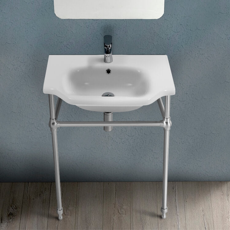 Traditional Ceramic Console Sink With Chrome Stand, 26"