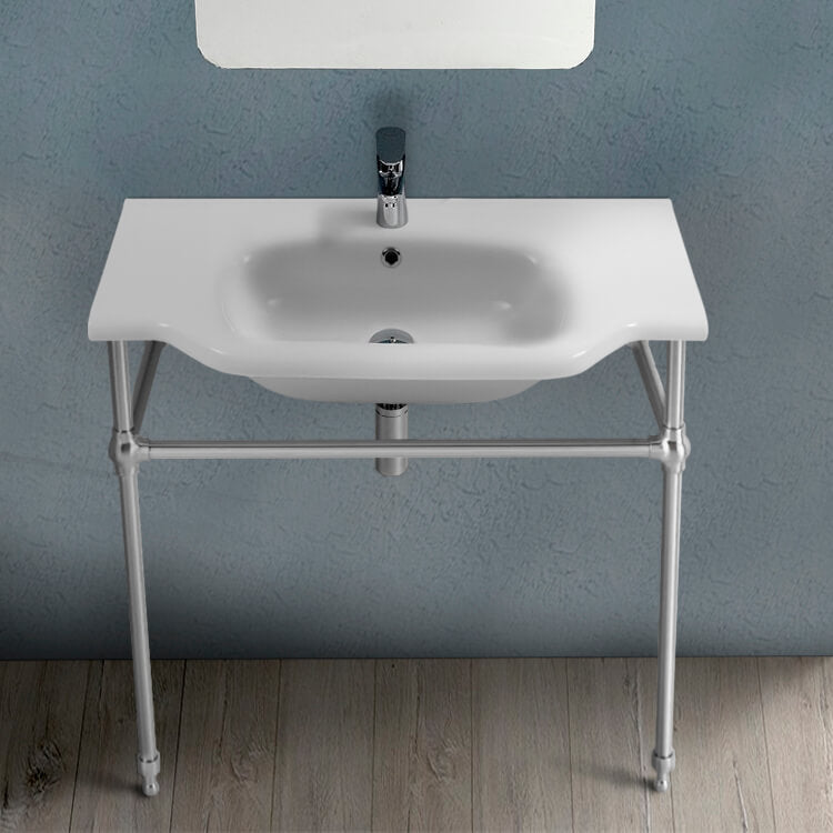 Traditional Ceramic Console Sink With Chrome Stand, 32"