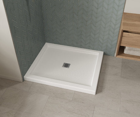 MAAX 420043-542-001-100 B3Square 4842 Acrylic Corner Left Shower Base in White with Anti-slip Bottom with Center Drain