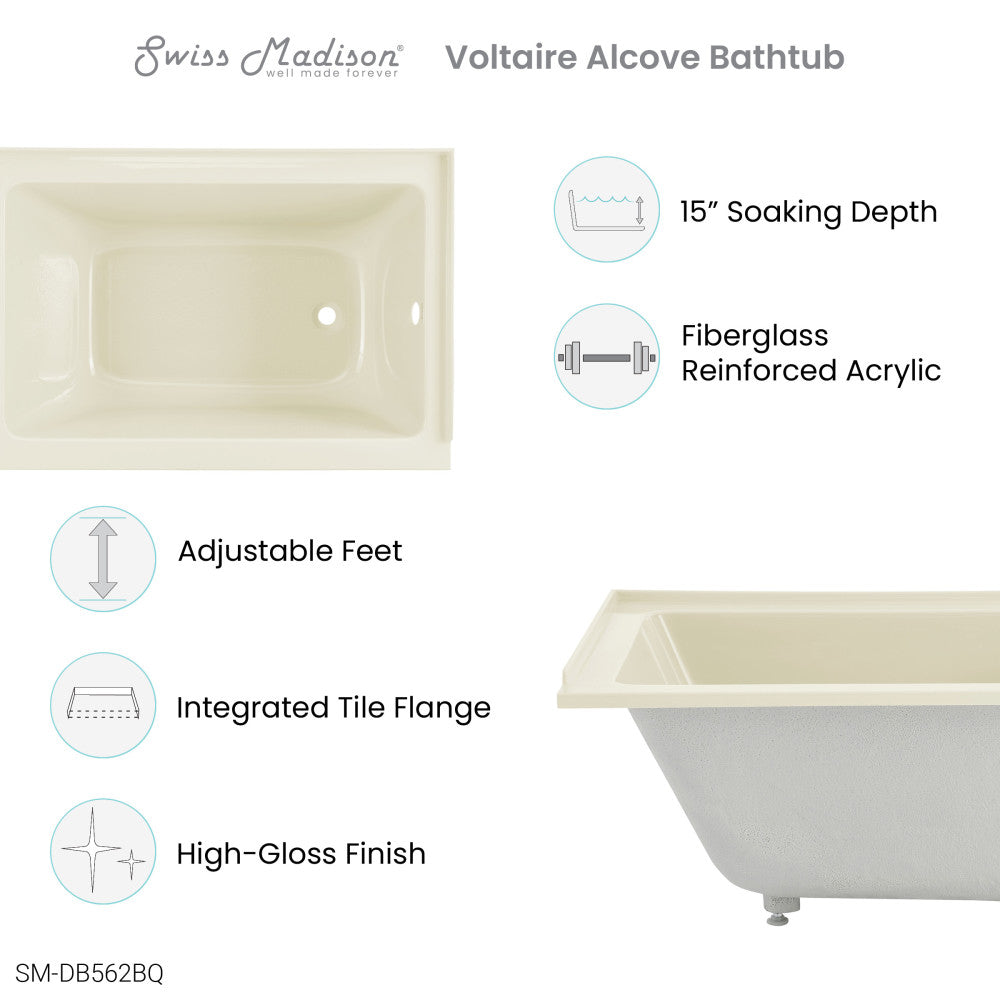 Voltaire 48" X 32" Right-Hand Drain Alcove Bathtub in Bisque