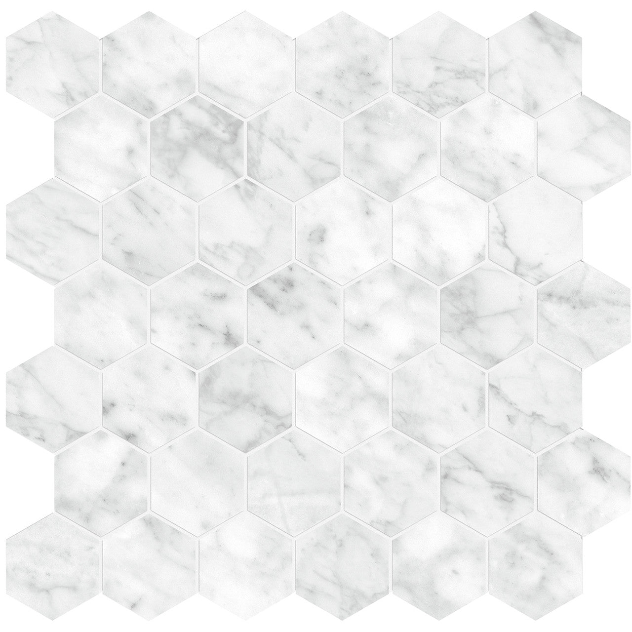 Anatolia Tile La Marca 2 Inch Hexagon Carrara Honed Porcelain Mosaics. 1 Sheet = .96 Sq. Ft. 4501-0352-0 Carrara Gioia 2" Hexagon Honed - premium natural stone mosaic tile from Anatolia Tile, available at PoshHaus showroom in Keene, NH