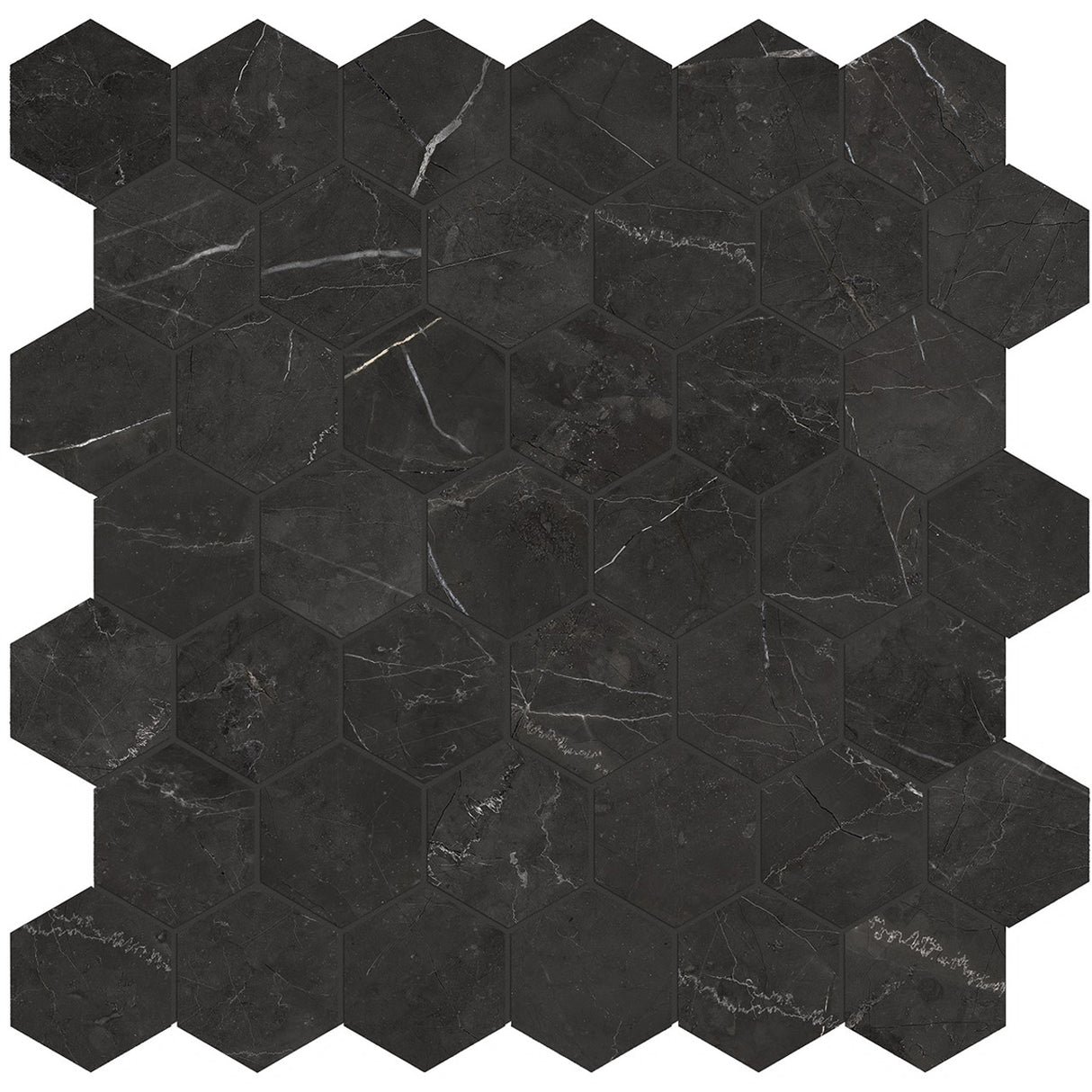 Anatolia Tile La Marca 2 Inch Hexagon Nero Polished Porcelain Mosaics. 1 Sheet = .96 Sq. Ft. 4501-0339-0 Nero Venato 2" Hexagon Polished - premium natural stone mosaic tile from Anatolia Tile, available at PoshHaus showroom in Keene, NH