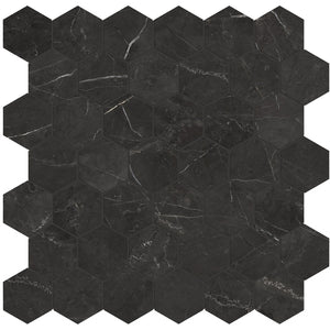 Anatolia Tile La Marca 2 Inch Hexagon Nero Polished Porcelain Mosaics. 1 Sheet = .96 Sq. Ft. 4501-0339-0 Nero Venato 2" Hexagon Polished - premium natural stone mosaic tile from Anatolia Tile, available at PoshHaus showroom in Keene, NH