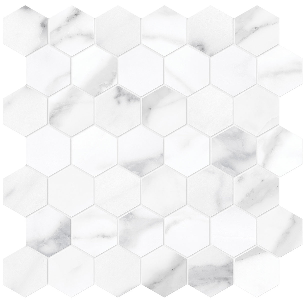 Anatolia Tile La Marca 2 Inch Hexagon Statuario Honed Porcelain Mosaics. 1 Sheet = .96 Sq. Ft. 4501-0356-0 Statuario Nuovo 2" Hexagon Honed - premium natural stone mosaic tile from Anatolia Tile, available at PoshHaus showroom in Keene, NH